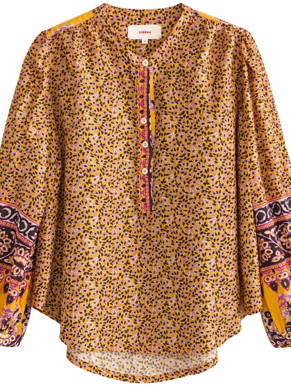 Xírena XS Floral Cotton Silk Blouse Yellow Purple Made in USA